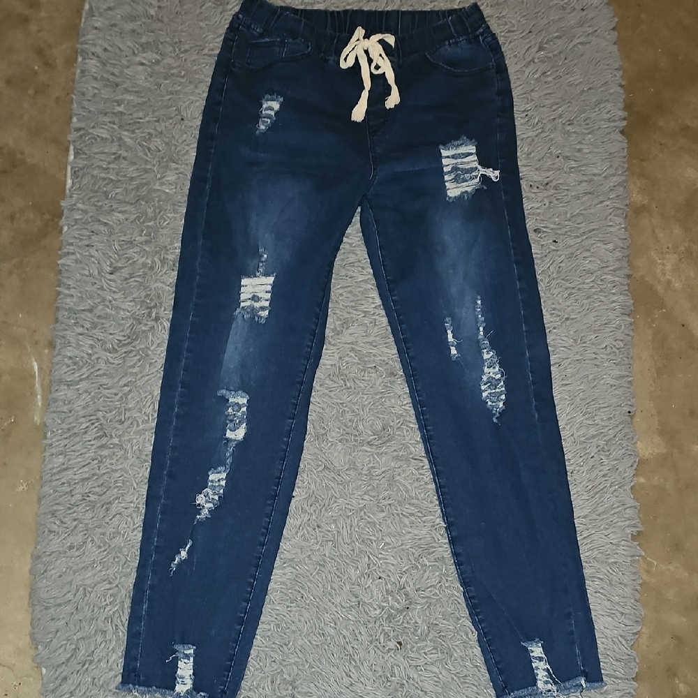 Casual Distressed Navy Jeggings with Drawstring